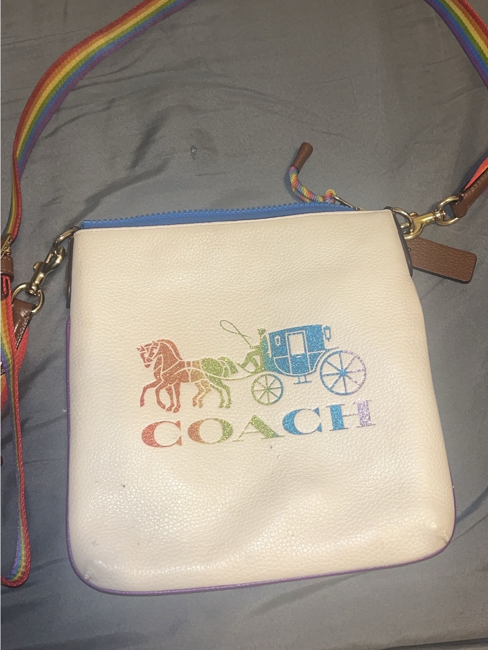 Coach White Leather Crossbody with Rainbow Logo and Strap